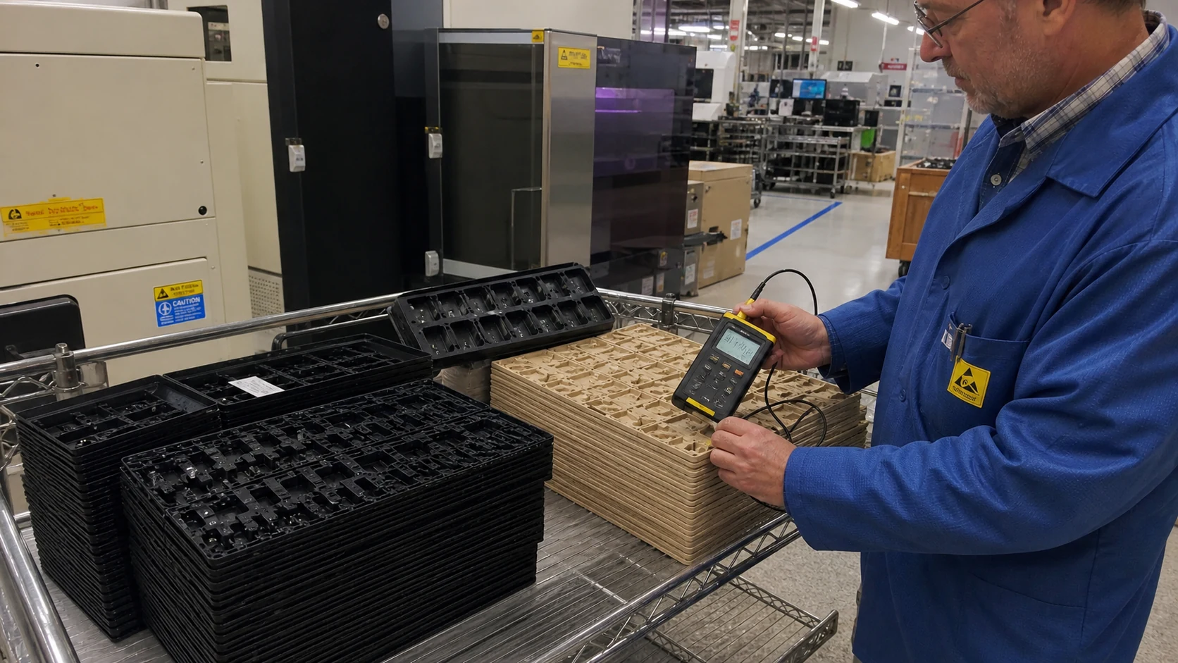 Real ESD workstation where molded antistatic trays and conductive plastic parts are checked with a surface resistance meter