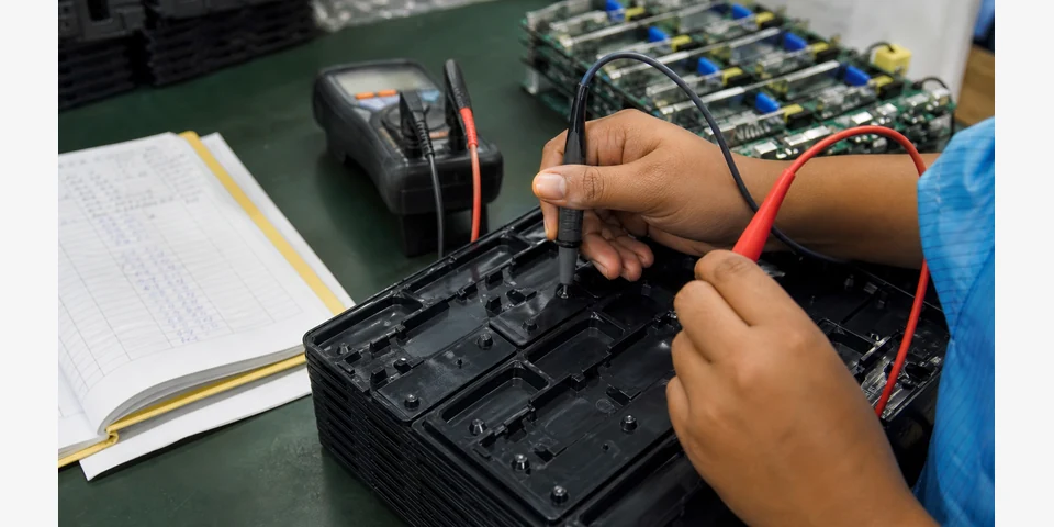 Resistance meter probes testing an antistatic plastic tray in a real electronics assembly QA area