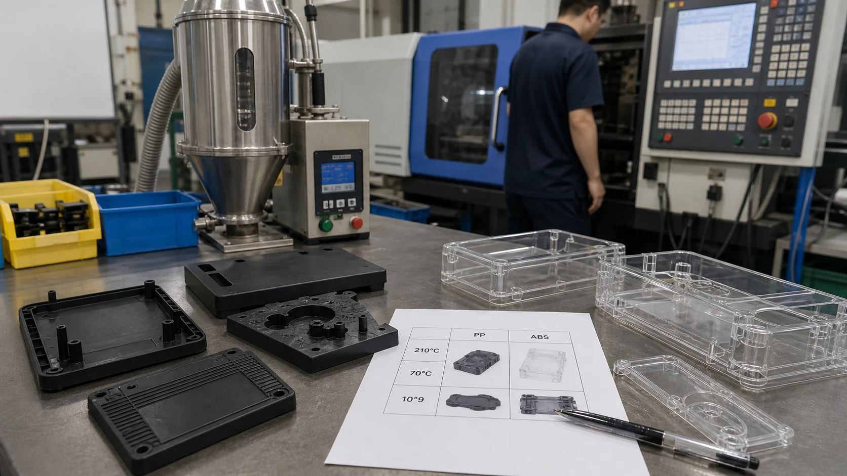 Injection molding trial bench with black conductive PP parts and transparent antistatic ABS covers under process parameter review
