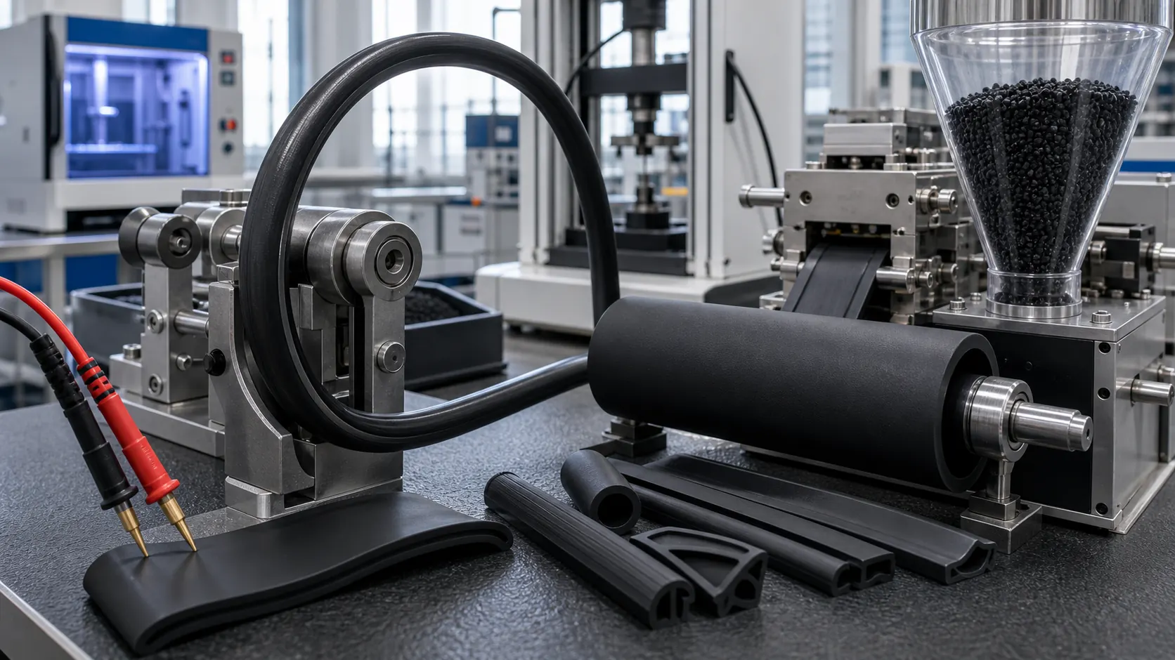 Conductive TPU TPE and TPV elastomer validation with flexible cable jacket roller sleeve and resistance probes