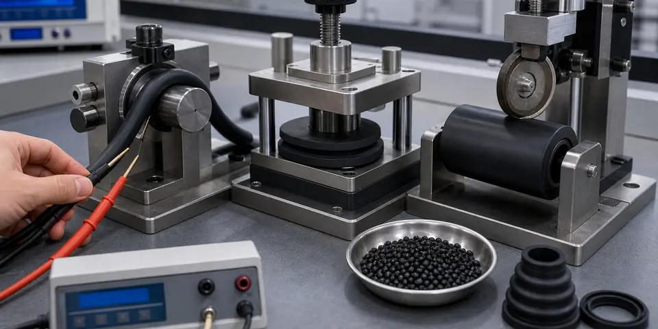 Conductive elastomer deformation validation with bending compression and abrasion test fixtures