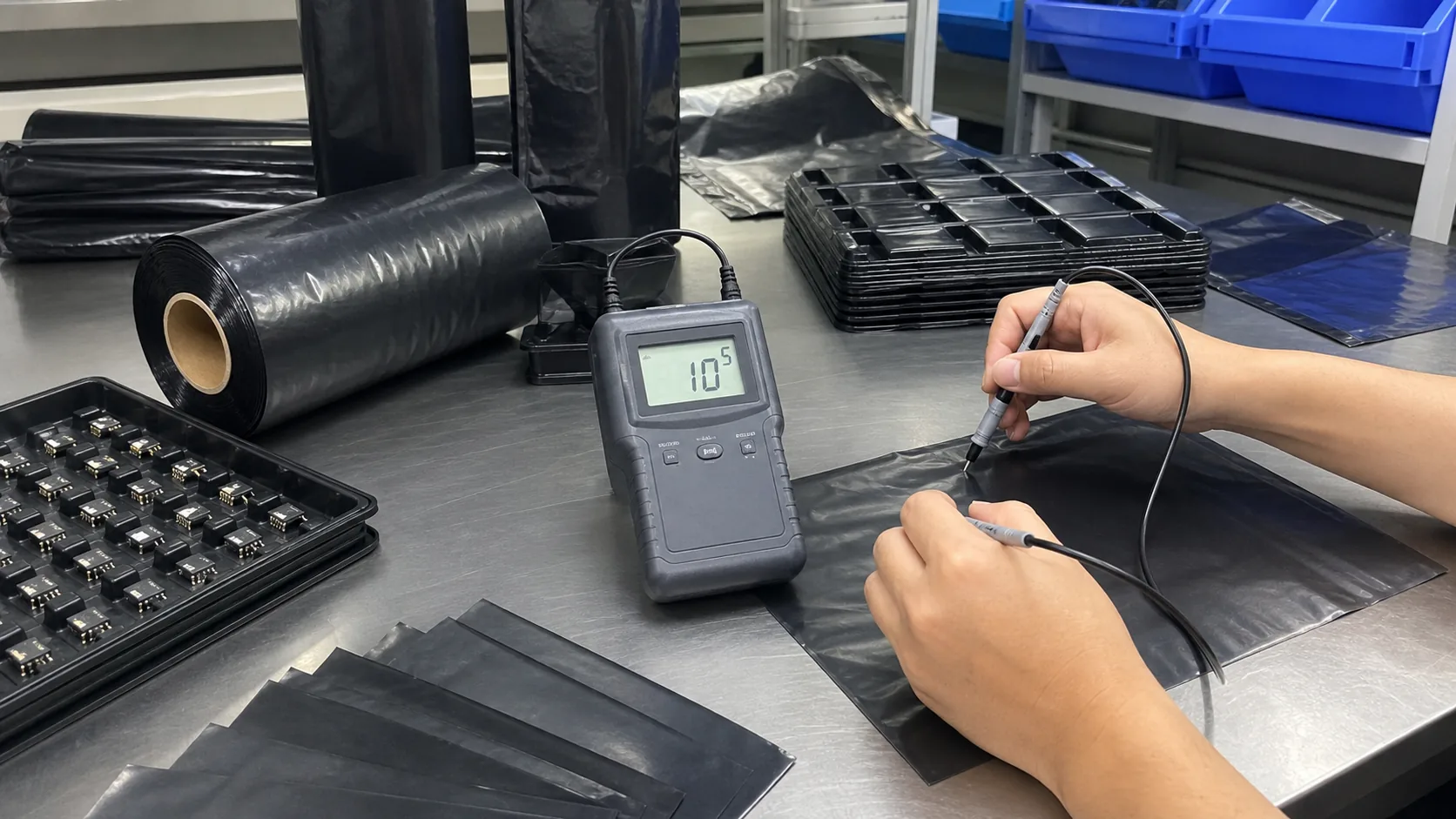 Surface resistance testing on conductive LDPE and PE ESD film, trays and packaging materials