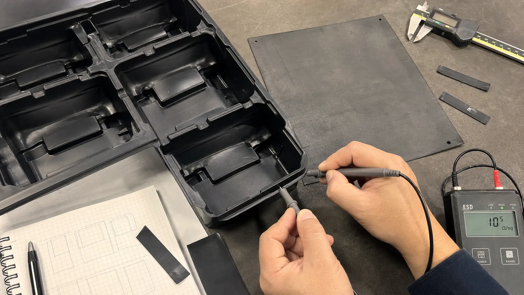 Post-thermoforming surface resistance validation on a conductive PE ESD tray corner