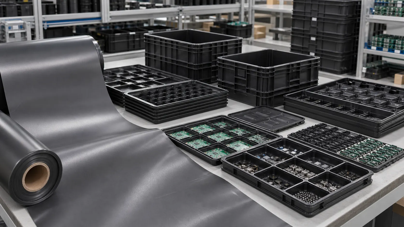 Conductive PE liners PP ESD trays logistics bins and electronic handling components