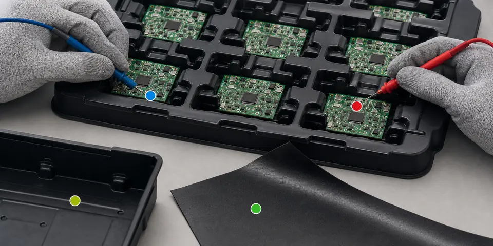 ESD tray and conductive PE liner resistance validation across molded cells and liner surfaces