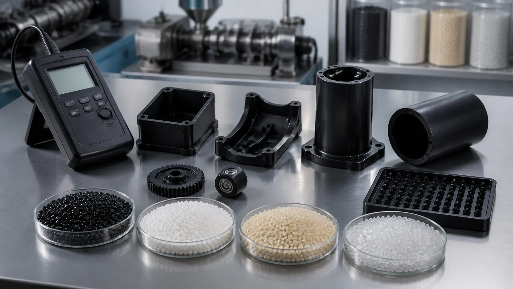 Scientific material selection chart comparing conductive PP ABS PA and PE base resins