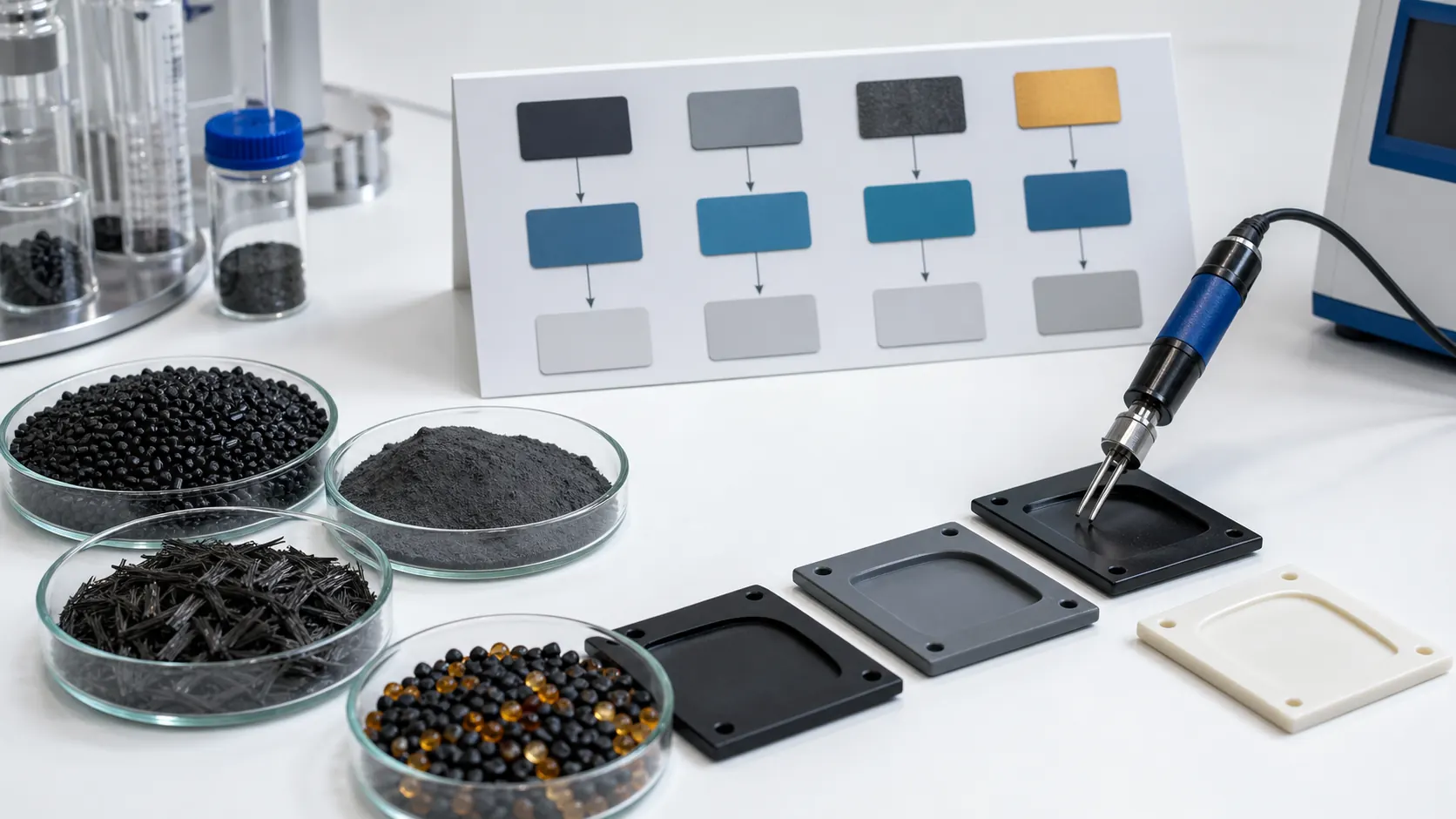 Conductive plastic compound route selection with carbon black graphite carbon fiber masterbatch pellets and molded test plaques