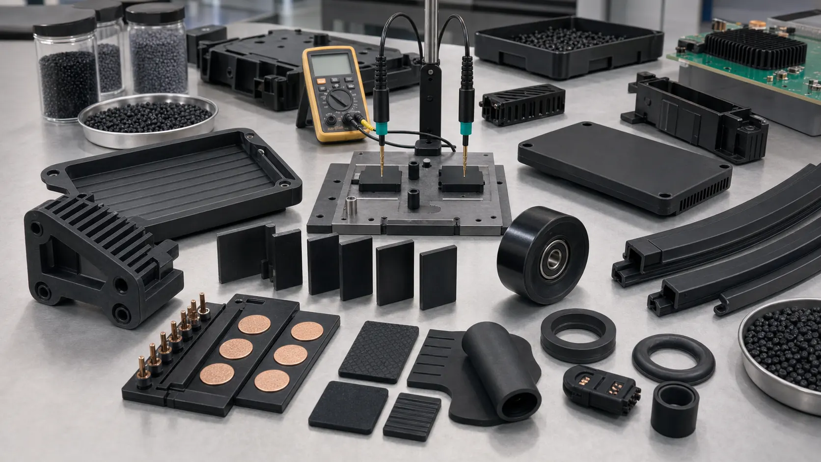 Conductive plastic selection lab with PP PE ABS PA66 POM TPU TPR samples resistance probes and molded coupons
