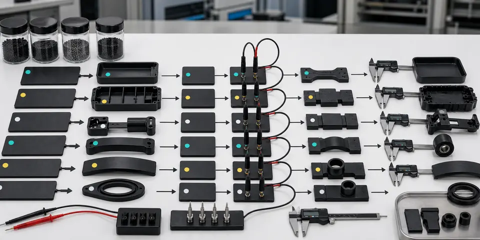 Conductive plastic selection workflow using resin samples resistance probes calipers and molded part validation