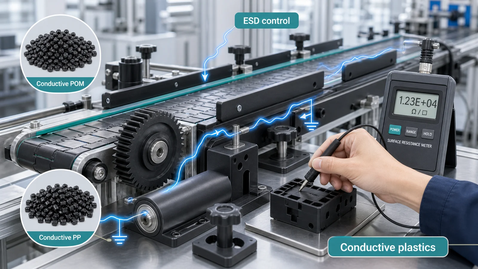 Conductive plastic guide rails, rollers, gears and fixtures in mechanical equipment with surface resistance testing and ESD control