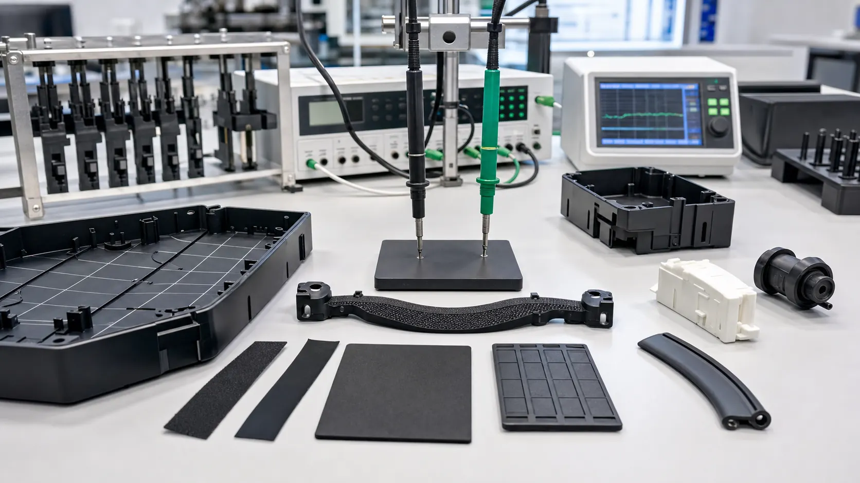 Conductive plastics QA lab with PP tray PE liner ABS housing PA66 bracket POM part TPU strip and resistance probes