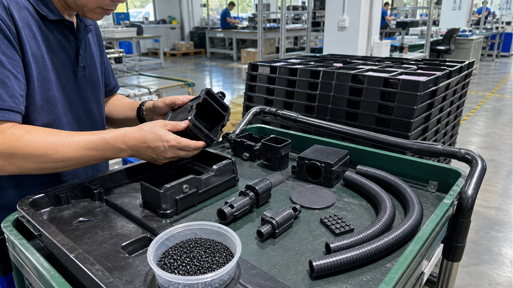 Real factory ESD area with conductive PP, PE, ABS, PA66, POM, TPU and TPR molded parts inspected on a production cart