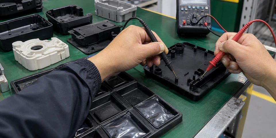 Resistance meter probe testing conductive plastic molded parts and ESD trays in a real industrial QA area