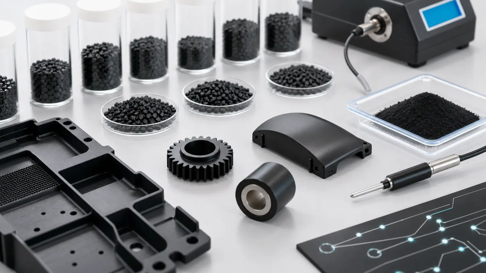 Conductive plastic pellets, molded ESD tray, gear, roller, powder sample and surface resistance probe for industrial material selection
