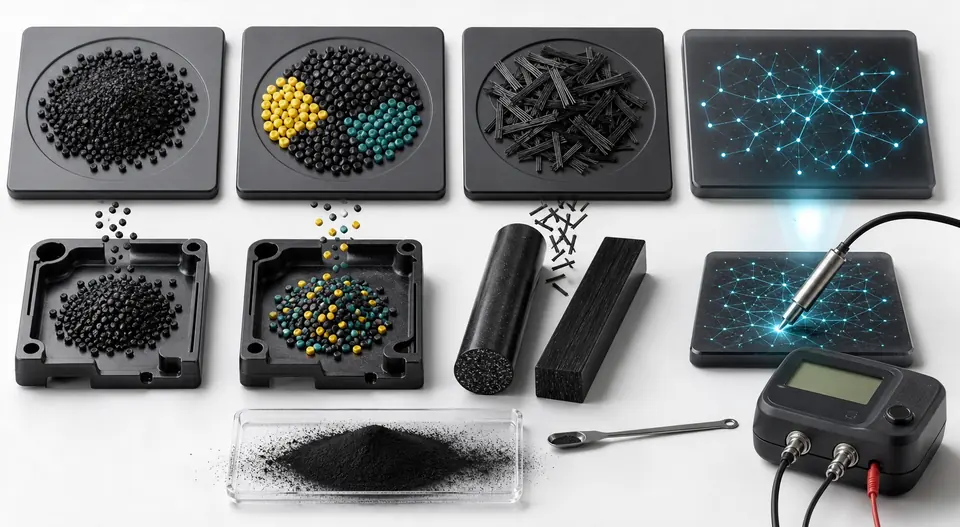 Conductive plastic technical route comparison showing carbon black, conductive masterbatch, carbon fiber reinforcement, carbon nanotube network and surface resistance testing
