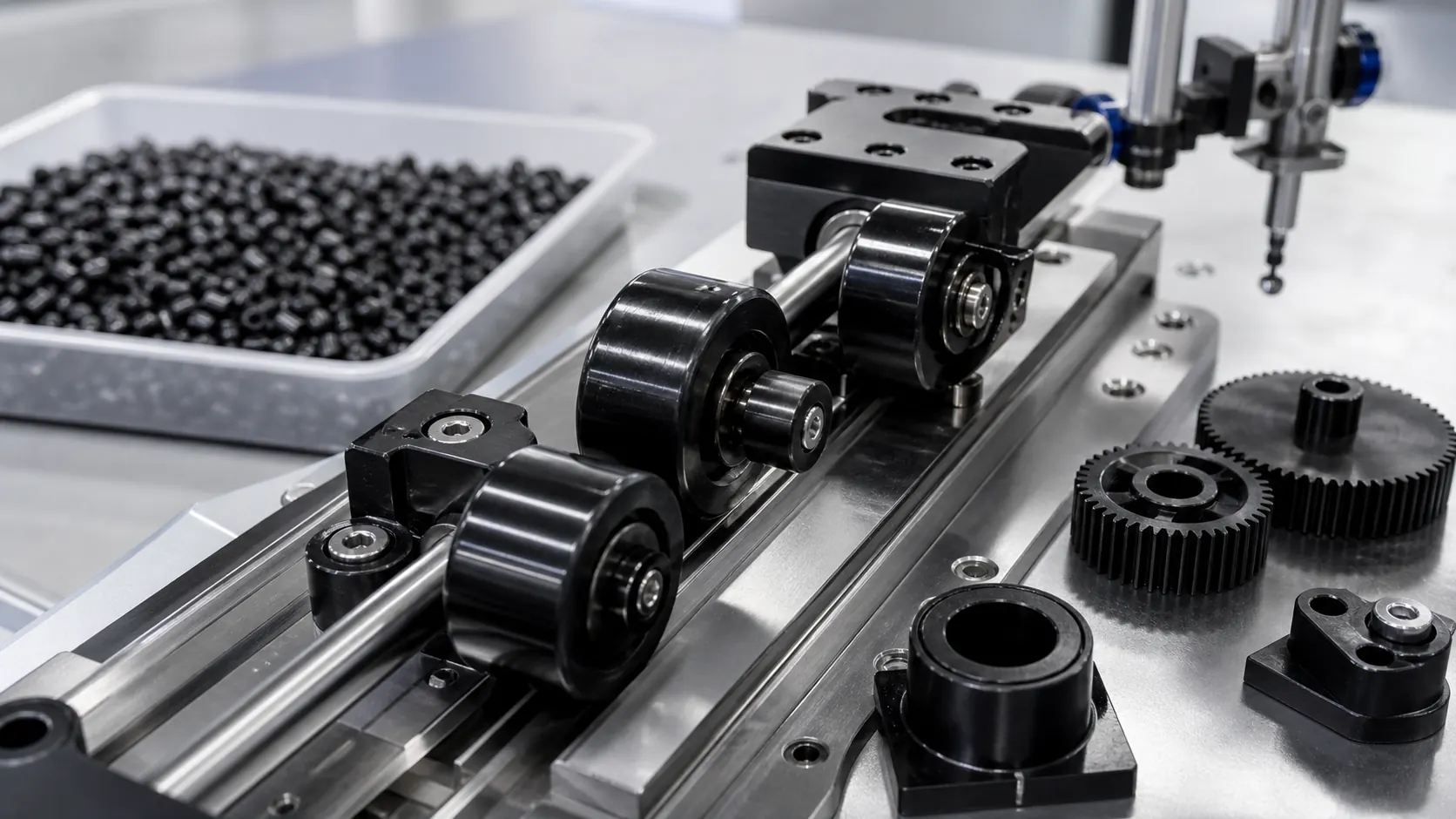 Conductive POM rollers gears sliding blocks and black pellets on a precision motion test rig
