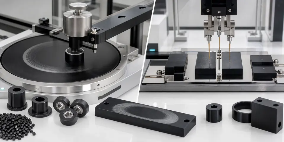 Conductive POM validation with wear tester resistance probes glossy surface and molded sliding samples