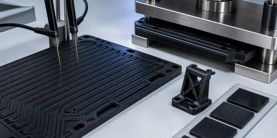 Conductive PP bipolar plate validation with resistance probe compression fixture and molded plaques