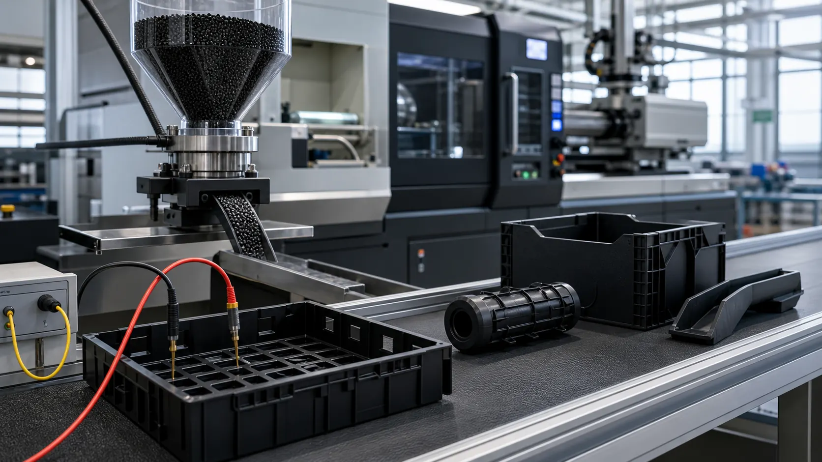Conductive PP compound validation in a plastics processing cell with ESD trays and molded parts