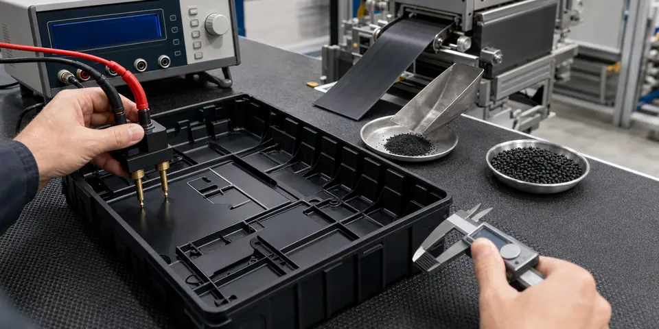 Conductive PP surface resistance validation on molded tray and extrusion sheet samples