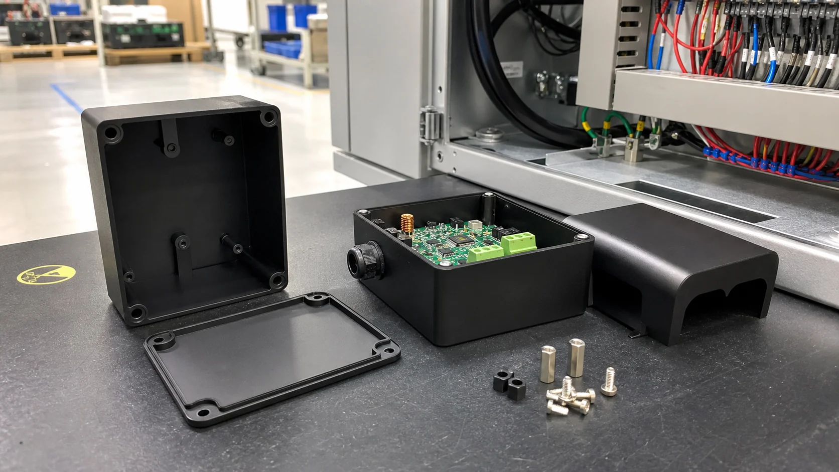 Conductive PP electrical housings and industrial covers assembled beside an open industrial control cabinet