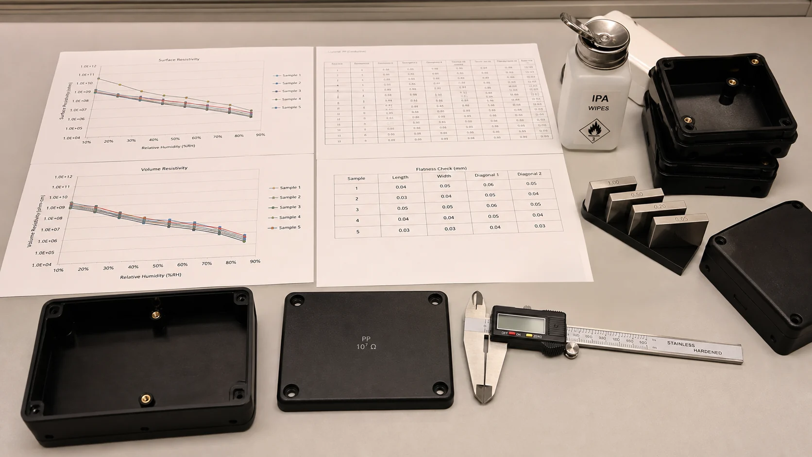 Validation for conductive PP enclosures should read electrical consistency, IPA cleaning drift and flatness together, not as isolated numbers.