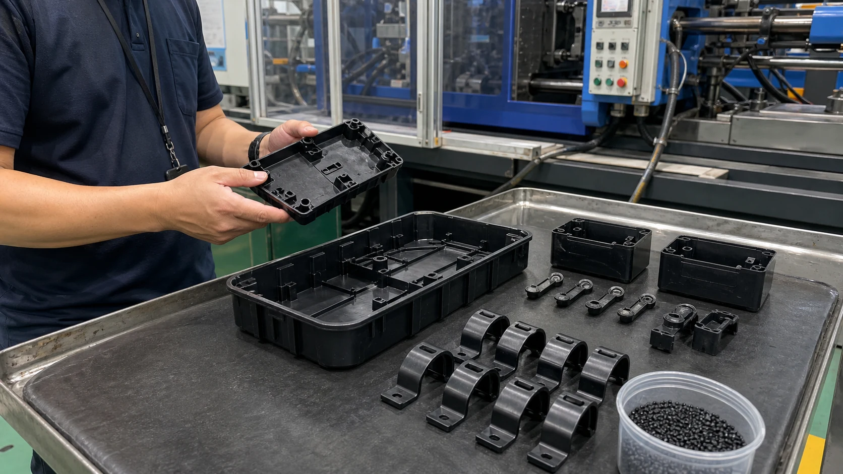 Conductive PP ESD trays, molded housings and industrial clips inspected beside an injection molding trial area