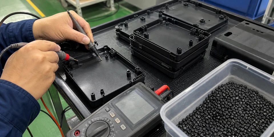 Press-side conductive PP validation with resistance probes checking molded ESD trays and black polypropylene parts
