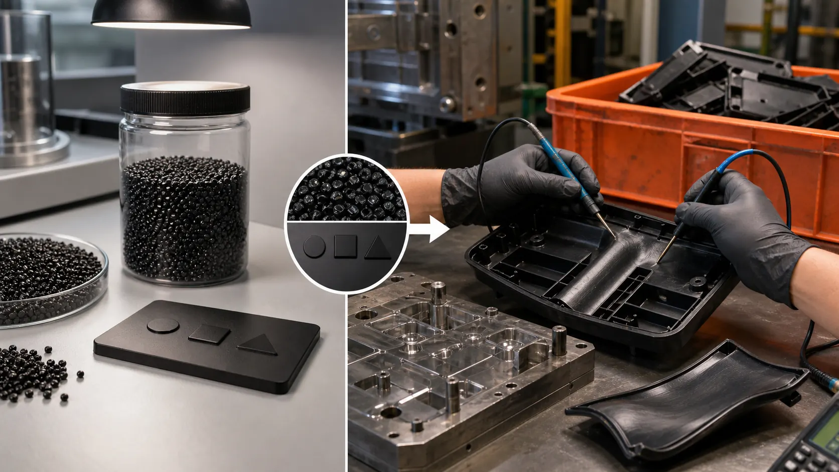 Conductive PP pellets test plaques rejected molded parts and resistance probes in an injection molding troubleshooting station