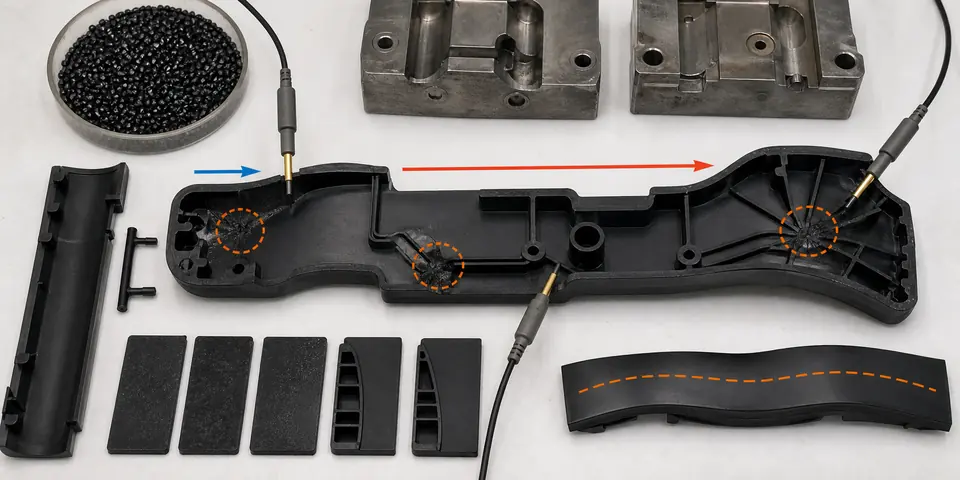 Conductive PP molded part failure analysis with flow direction wall thickness resistance probes and warped sample