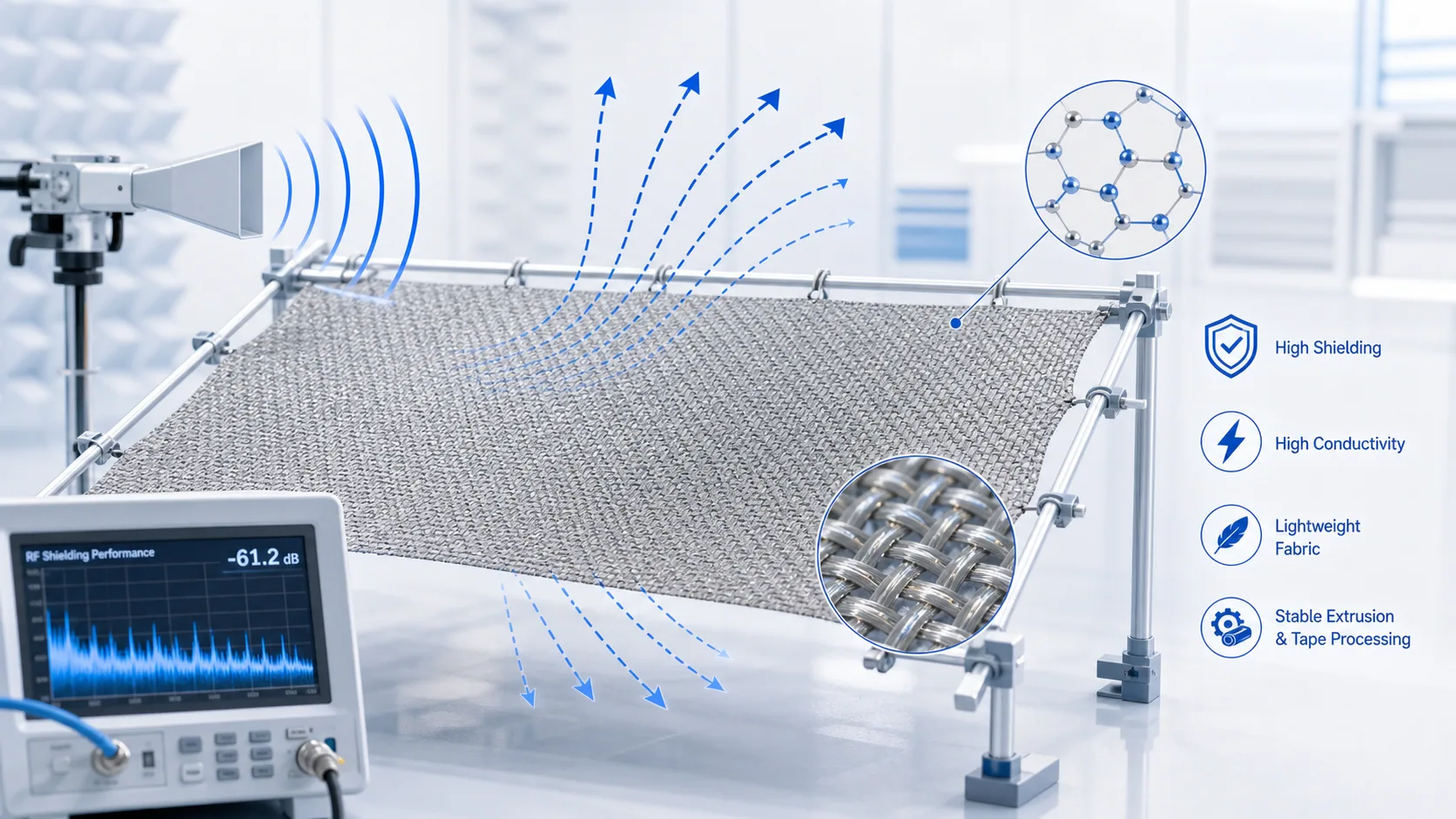 Blue white technical illustration for conductive PP shielding fabric