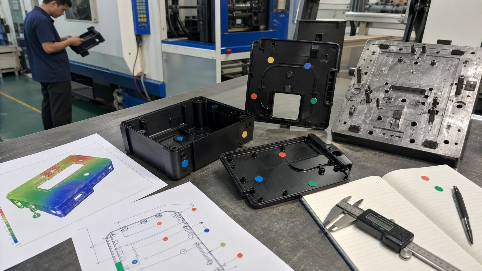 Conductive PP molded housings and mold-flow sheets reviewed in an injection molding trial room for wall thickness, gate position and ESD resistance distribution