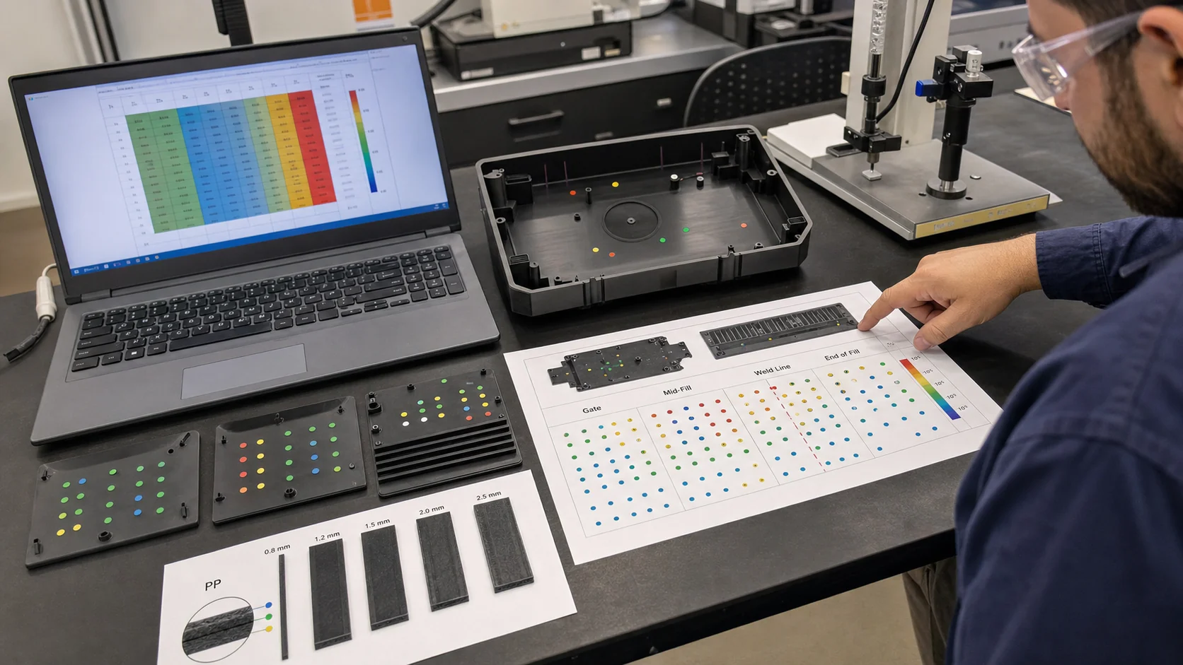 Conductive PP resistance mapping data interpretation with wall-thickness samples, gate, weld-line and end-of-fill measurement zones