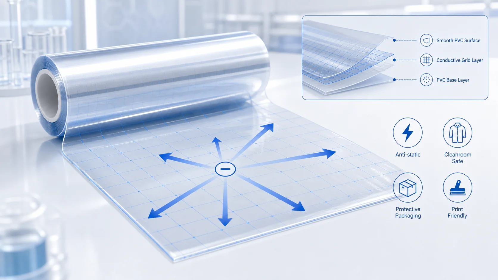 Blue white technical illustration for conductive PVC film processing