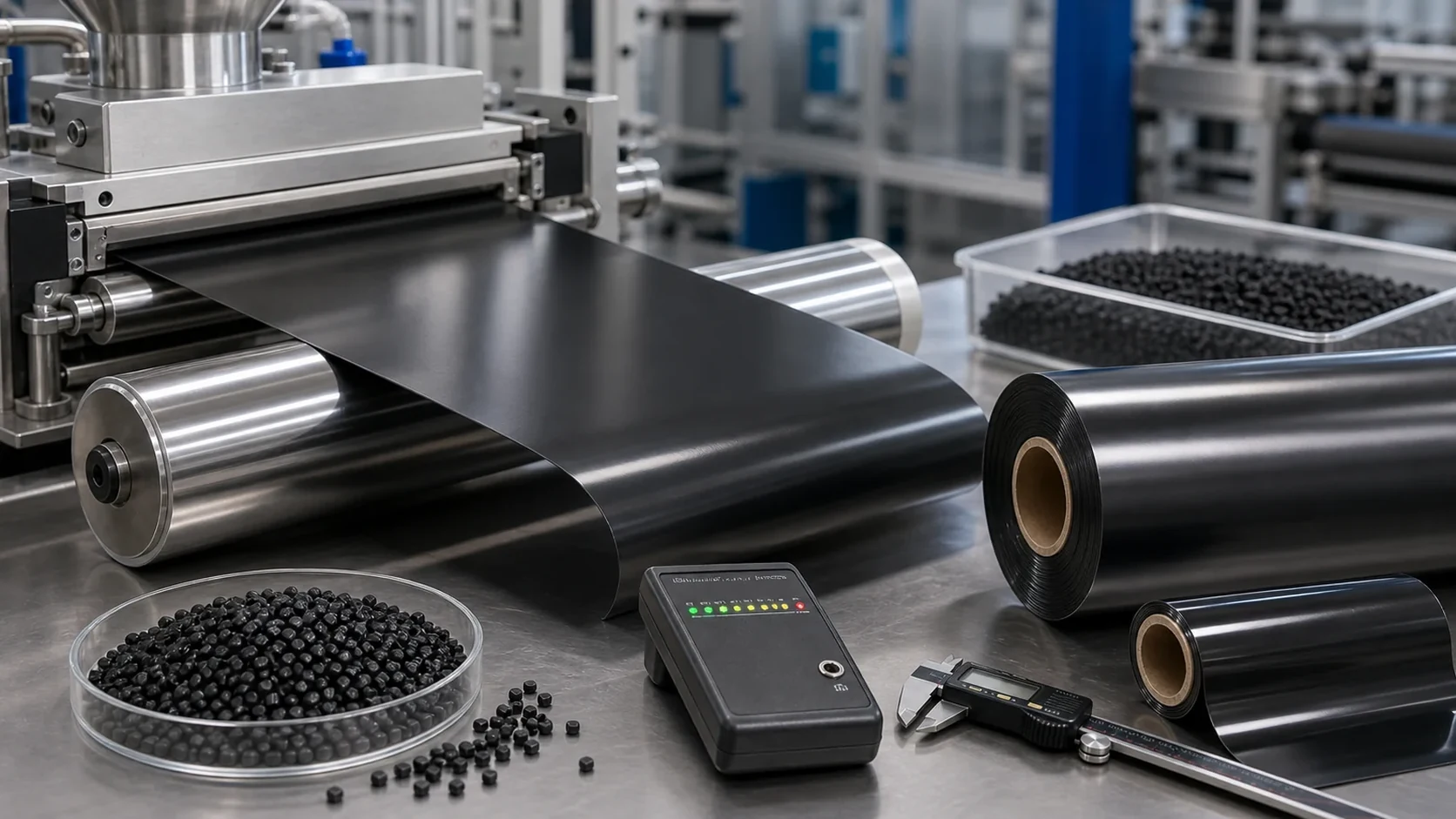 Conductive TPU cast film extrusion line with black flexible film rolls TPU pellets T-die and resistance testing tools