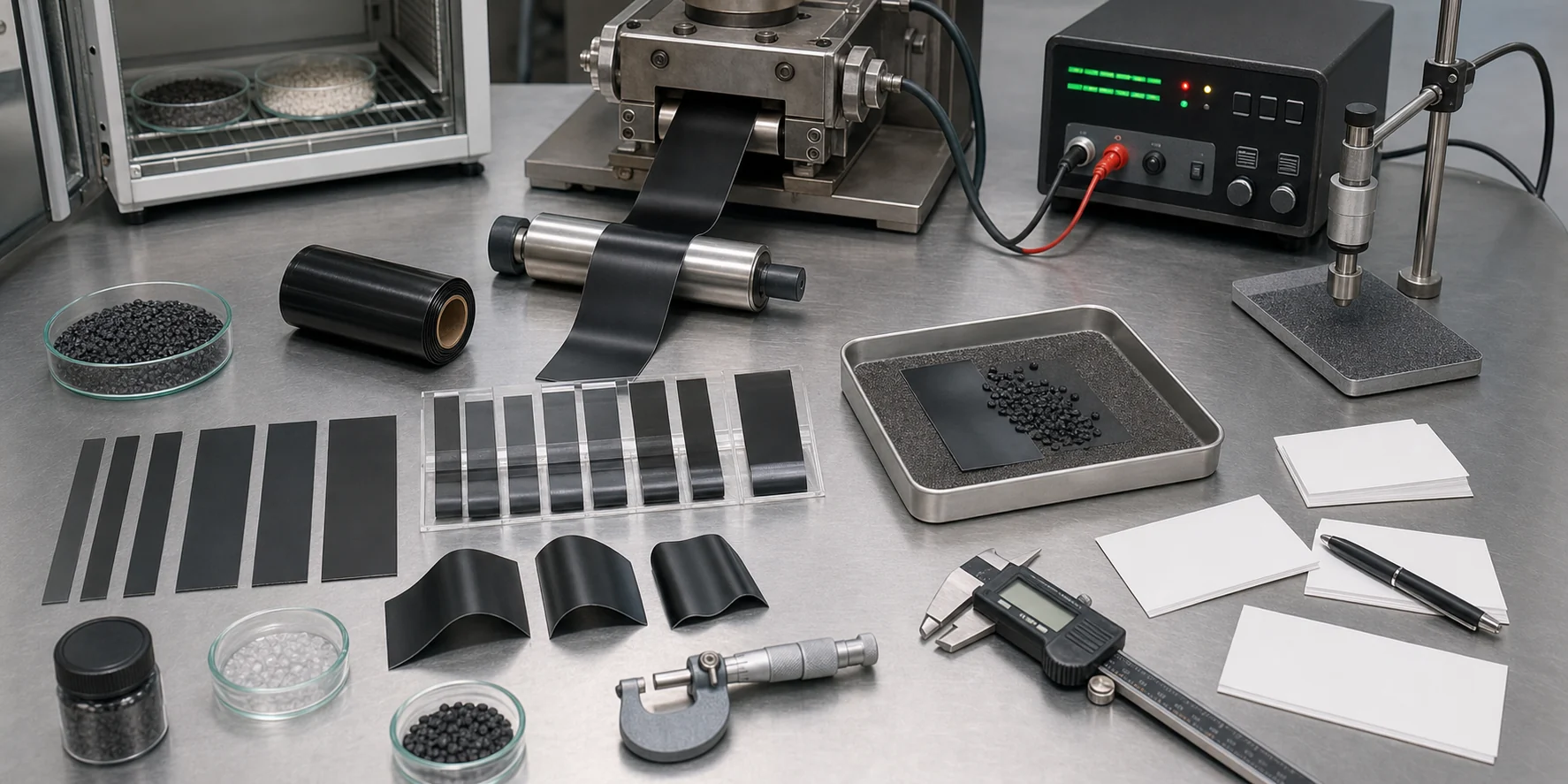 Conductive TPU cast film validation setup with film strips pellets thickness measurement bend samples and resistance test tools