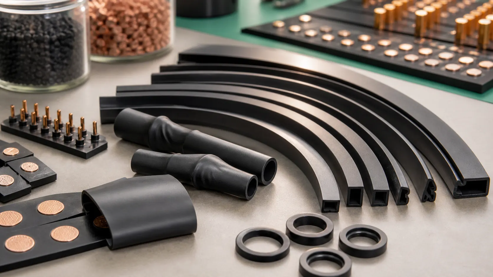 Conductive TPU and TPR flexible strips sleeves gasket rings pellets and elastic contact pads for ESD parts