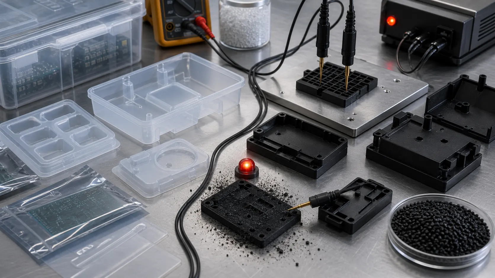 Antistatic translucent trays and black conductive plastic parts compared with resistance probes and dust failure sample