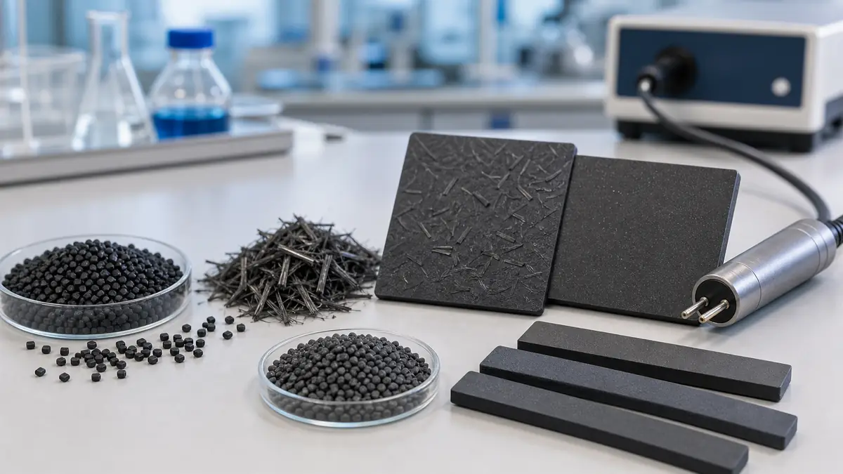 Nylon carbon fiber conductive compound pellets, chopped carbon fiber, molded test bars and a surface resistance probe in a materials lab