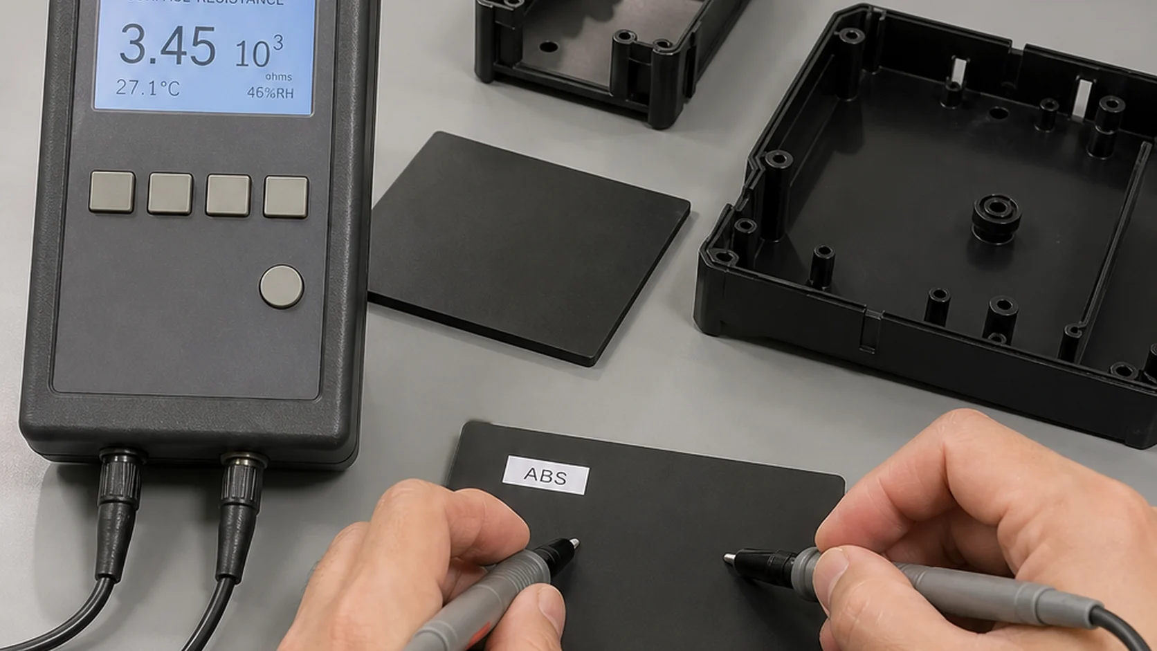 Smartphone-style surface resistance meter test on black DGK-ABS DD3C conductive ABS molded samples