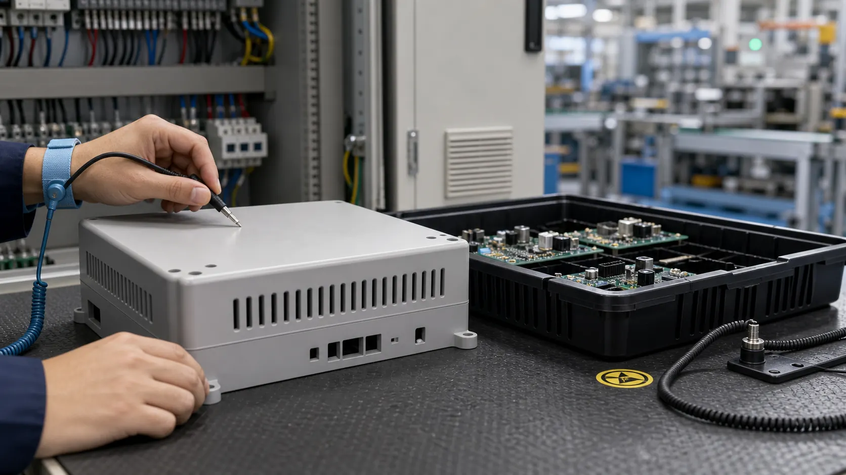 DGK-ABS KJD678R-BZ antistatic ABS injection molded equipment housing and ESD electronics tray validated at an antistatic assembly workstation