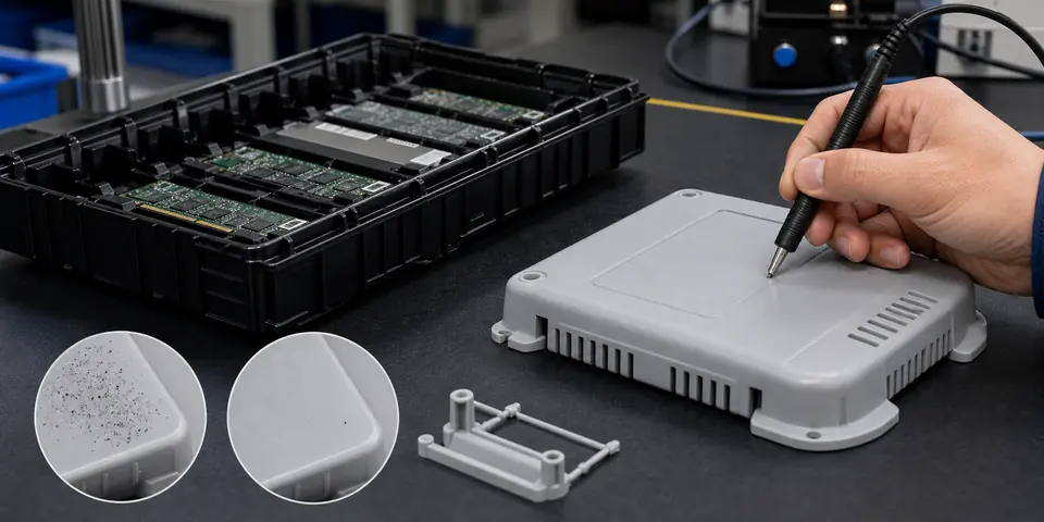 DGK-ABS KJD678R-BZ antistatic ABS validation with electronics tray, molded equipment cover, surface resistance probe and dust adhesion comparison
