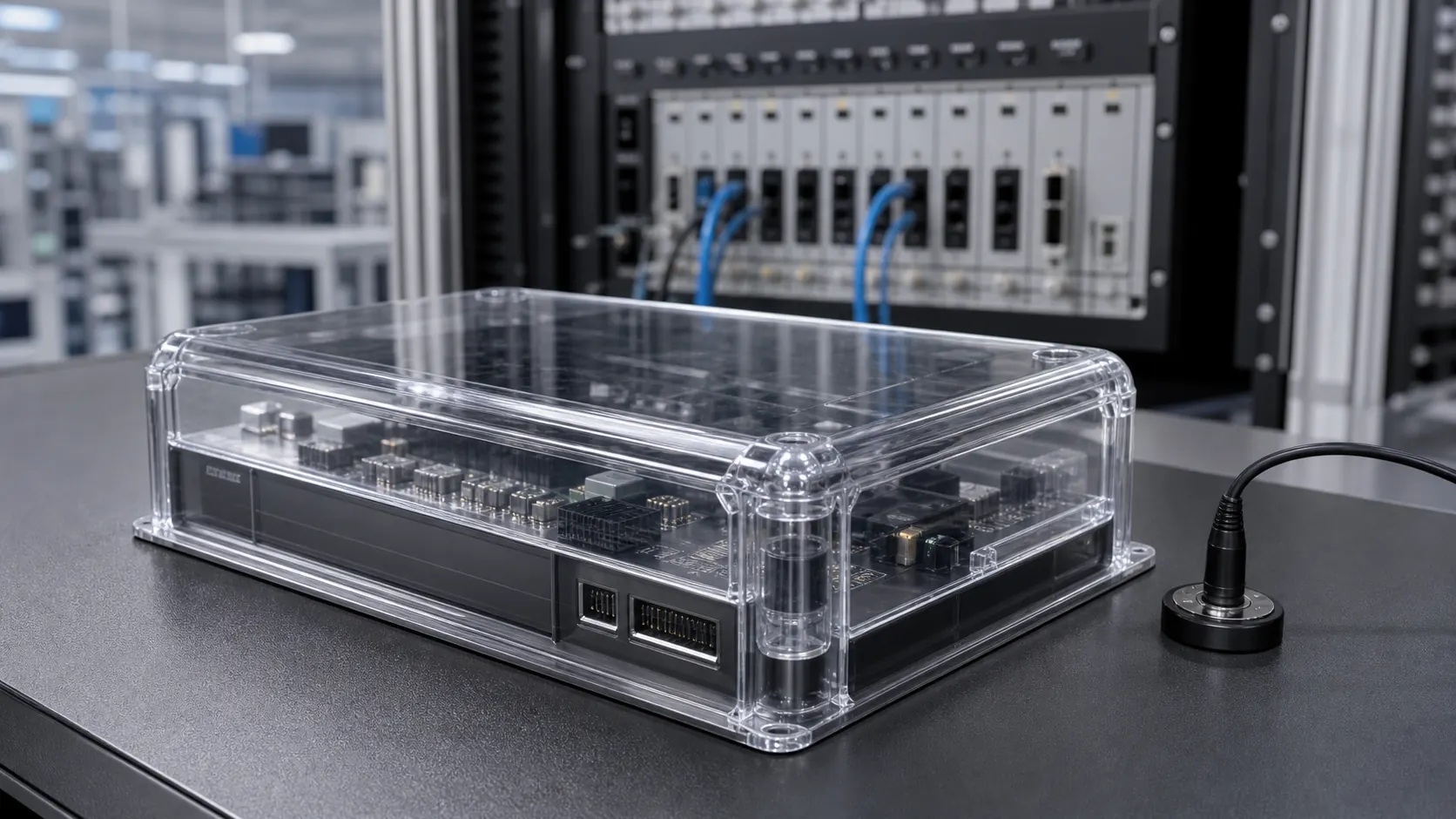 Transparent antistatic ABS protective cover on electronic communication equipment with ESD-safe surface resistance testing context