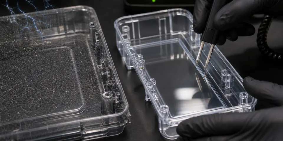 Transparent antistatic ABS molded cover comparison showing dust attraction reduction and surface resistance probe validation