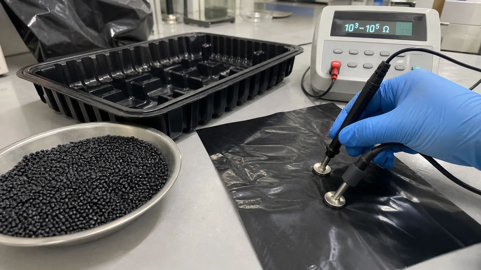 A data-sheet interpretation of DGK-LDPE DD4-5 conductive LDPE, connecting 10³-10⁵ Ω surface resistance, carbon black network design, film processing and ESD packaging validation.