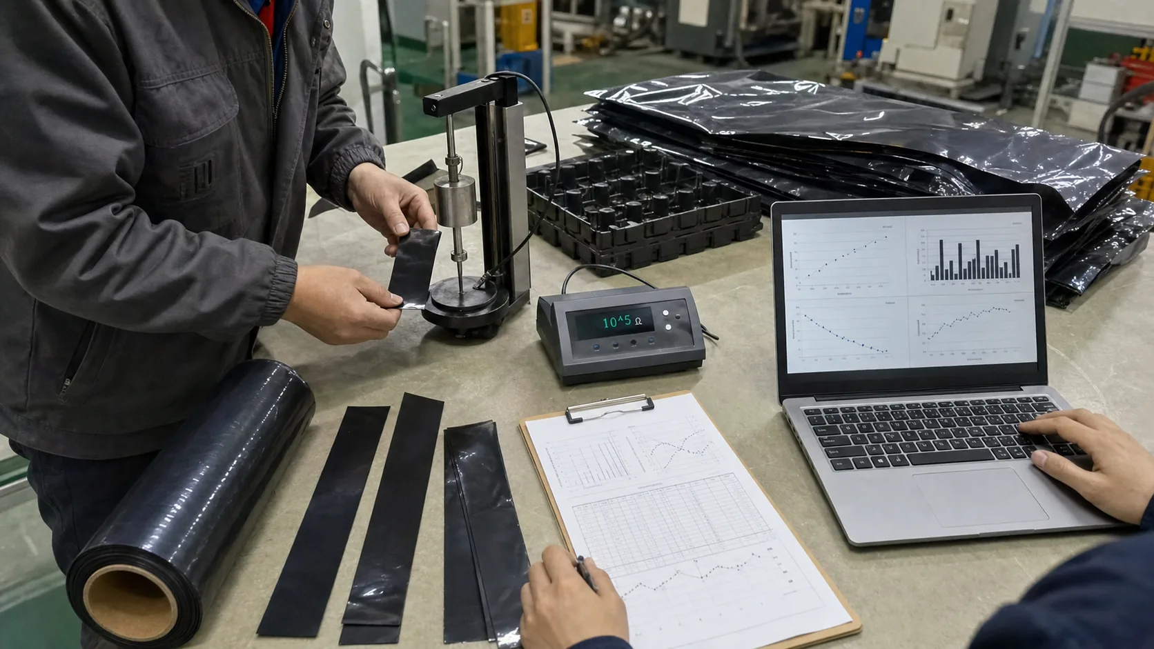 Validation scene for conductive LDPE film: resistance testing, data-sheet reading and production trial review.