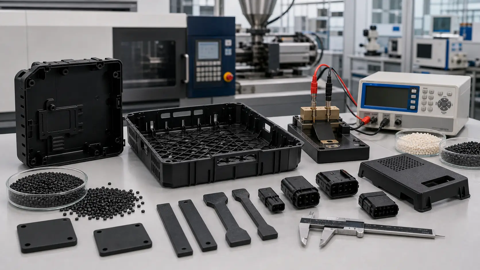 Black conductive PP pellets, molded polypropylene shielding housings, conductive connector samples and surface resistance testing for DGK-PP DD2-3A low-resistance PP compound