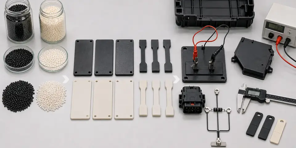 DGK-PP DD2-3A conductive PP validation workflow with black and natural PP pellets, molded plaques, test bars, connector parts, resistance probes and dimensional measurement