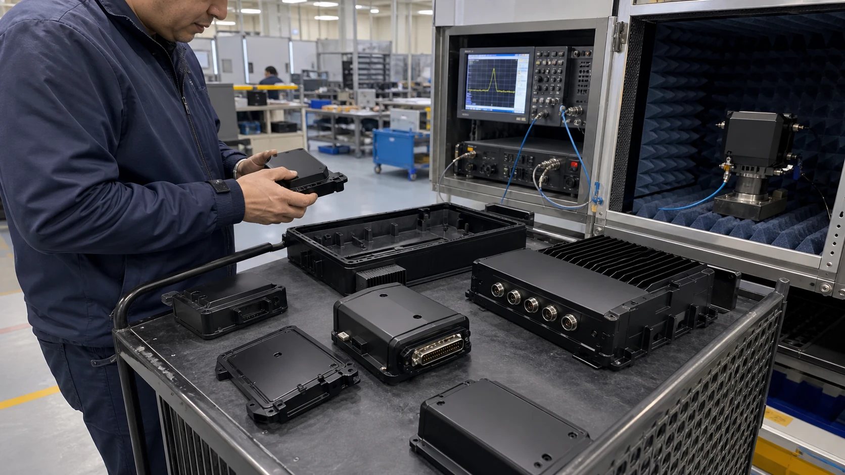 Real electronics QA area with conductive PP EMI shielding housings and precision enclosure parts on an inspection cart