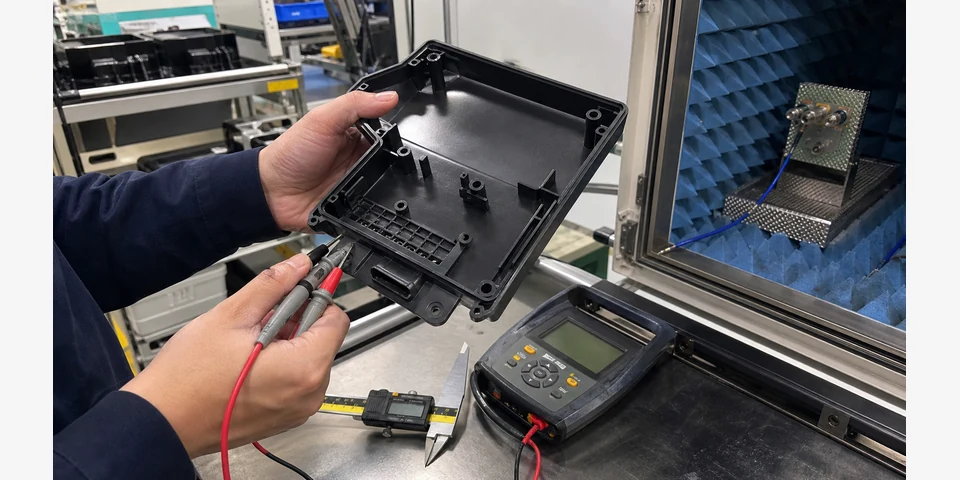 Surface resistance and fit inspection of a conductive PP EMI shielding validation enclosure in an electronics assembly area